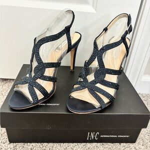 INC International Concepts Black Rhinestone Strappy High Heel Sandals